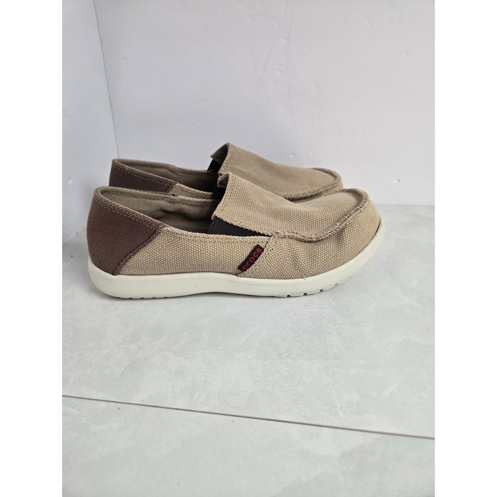 Crocs Slip-On Loafers Youth J4 Tan Canvas Comfort Shoes Excellent Condition